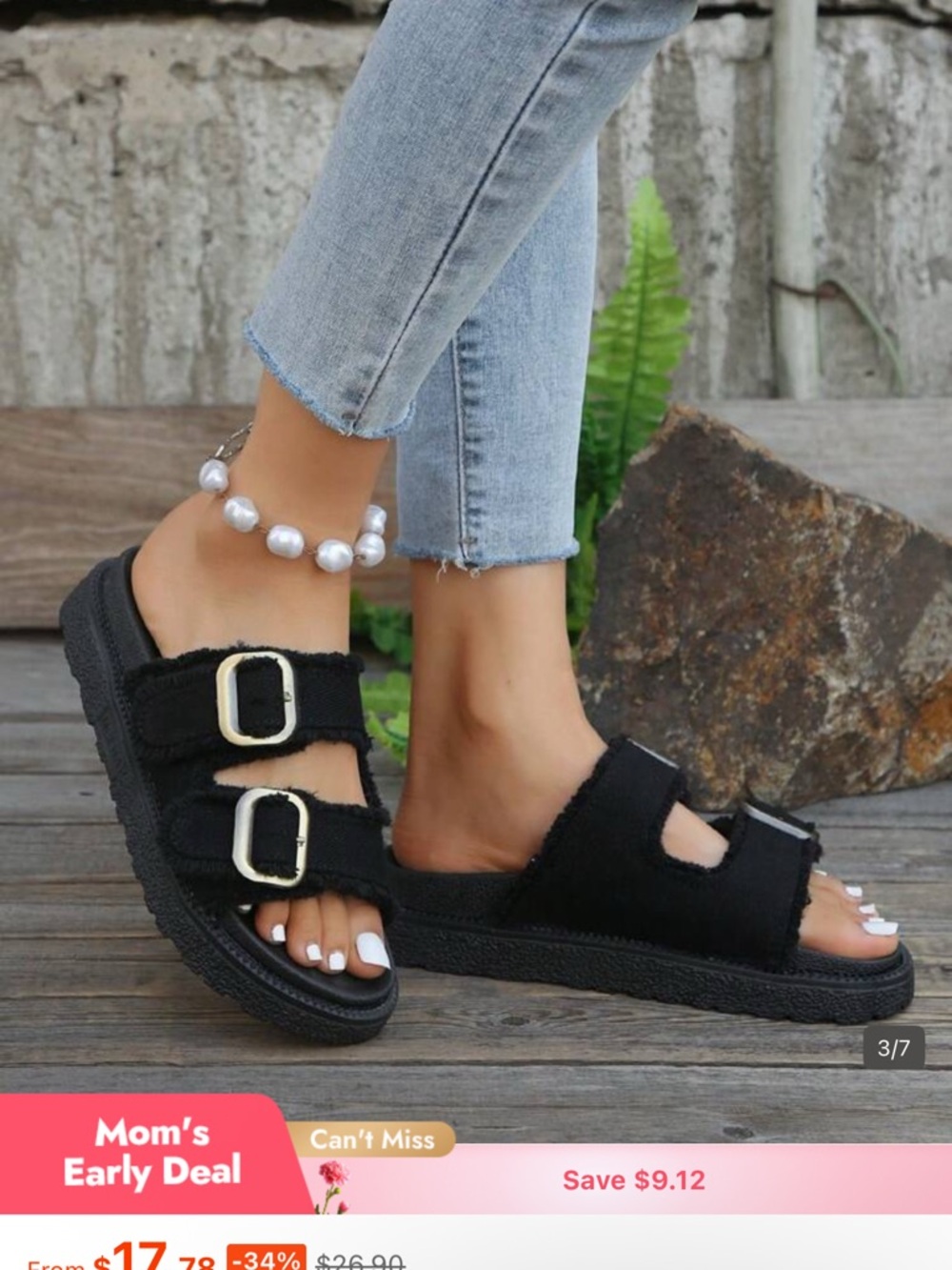 Black Double Strap Buckle Slide Sandals - Picture 4 of 4